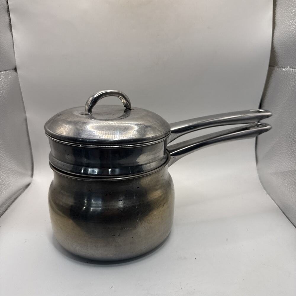 Vintage Metro Stainless Steel Double Boiler Saucepan Pot Insert Lid 3 Pc Set *